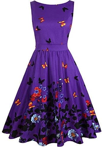 Owin Women's Vintage Cocktail Dress Sleeveless Waist Round Neck Floral Casual Midi Dress with Pockets