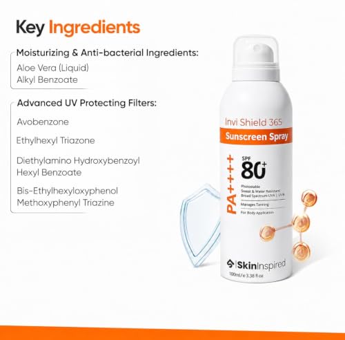 Image of SkinInspired Invi Shield 365 Body Sunscreen Spray SPF 80+ PA++++ | Ultra-Light, Quick-Absorbing, Non-Greasy Sun Protection | No White Cast, Water & Sweat Resistant | Broad Spectrum UV Defense | 120ml (Pack of 2)