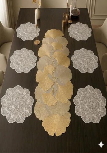 Image of Dakshya Industries PVC Waterproof Round Table Placemat & Table Runner Combo Set | 6 Round Table Mats (38 x 38 cm) + 1 Table Runner | Heat Resistant, Washable, Non Slip Dining Table Decor (Noblex)