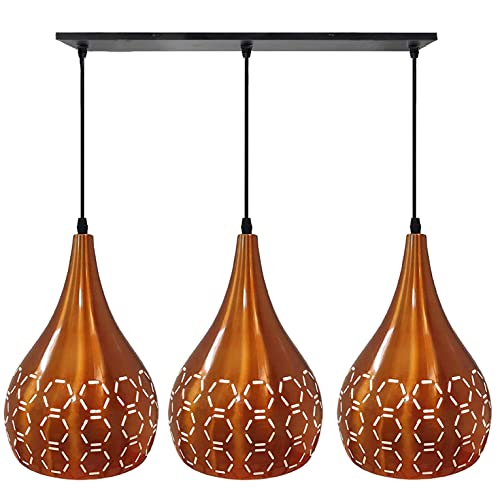 Image of GreyWings Orange Aluminium Hanging Light, 3 Pendant Ceiling Lamp for Dining Room, Bulb Not Included, Linear Set,