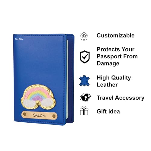 Image of AICA Personalised Name & Embroidery Patch Leather Passport Holder for Men & Women | Gifts for Women| Gift for Man|Passport Cover for Men| Passport Cover for Women (Royal Blue)