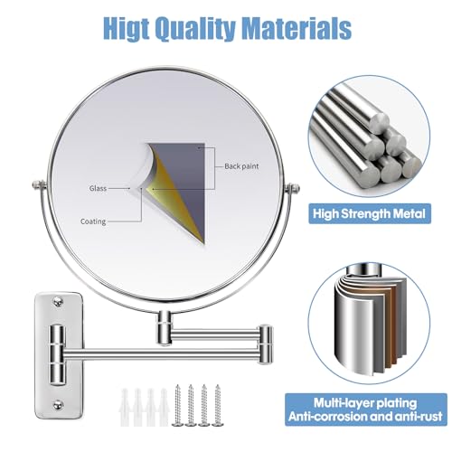 Image of Large Size 9-in Wall Mounted Magnifying Makeup Mirror 1X /10X Magnification,Extendable Bathroom Mirrors Wall Mount Vanity Mirror for Shaving,12-in Folding Arm,Flexible Adjustable,Space-Saving,No Light
