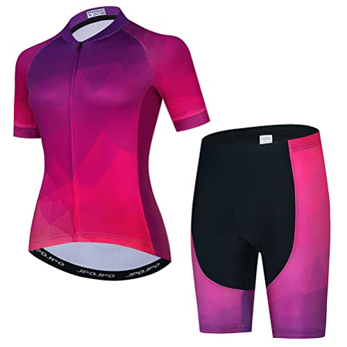Red Purple Womens Cycling Jersey Set, Summer Short Sleeve Ladies Mountain Dirt Bike Shirt and Shorts Padded Kit MTB Suit Cyclist Clothes Biker Biking Apparel BMX Bicycle Clothing, Medium