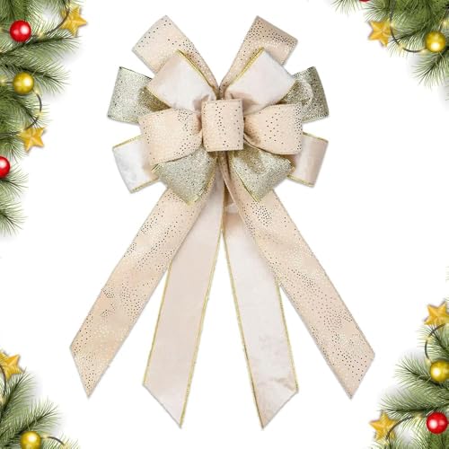 CHMOART Christmas Wreath Bow 20 x 11 Inches Large Christmas Bows Glitter White Champagne Bow Winter Holiday DIY Craft Bow Xmas Tree Topper Ornament Bow for Home Front Door Decorations