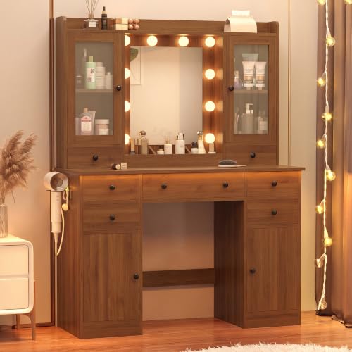 Image of Vanity Desk with Mirror and Lights, 43 inch Makeup Vanity Set with 5 Drawers & Glass Cabinets, Makeup Tray, Power Outlet & Adjustable LED Lights, Dressing Table for Women & Girls Bedroom, Walnut