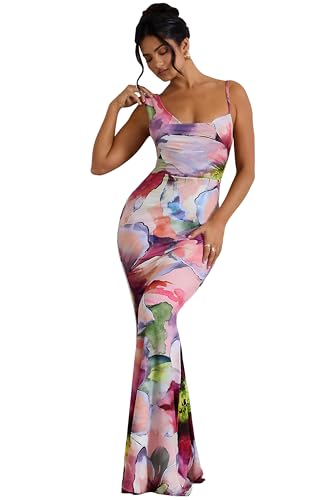 Bodycon Dresses for Women Sexy Strap Shoulder Asymmetric Cowl Neck Backless Slim Long Elegant Party Maxi Dress