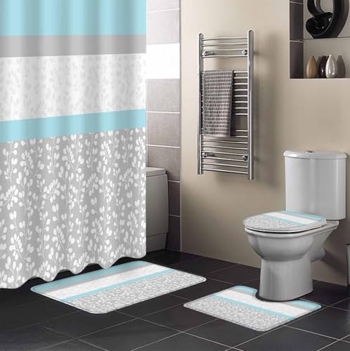 Sky Blue Grey Bathroom Set with Shower Curtain and Rug Accessories - 36x72 Inches Long Chic Garden Floral Stripe Embroidery Design Stall Curtain Waterproof with Large Bath Mat,Washable Runner Rug Set