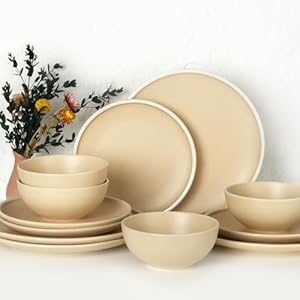 Plates and Bowls Sets, Dishes Set for 4, 12 Pieces Stoneware Dinnerware Set, Kitchen Dishes Porcelain Dishware Sets, Chip and Scratch Resistant, Khaki