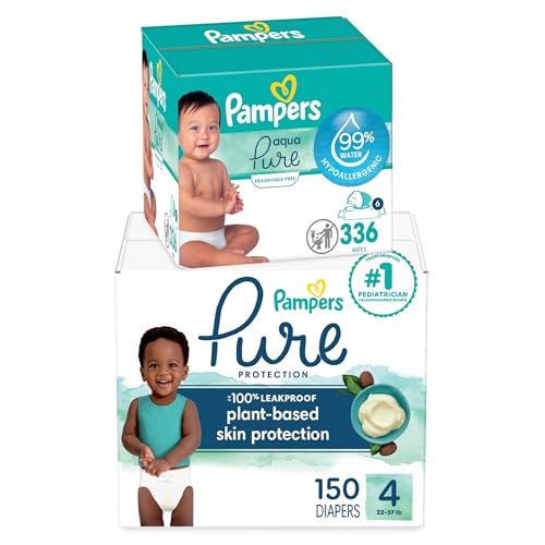 Image of Pampers Pure Protection Disposable Baby Diapers Size 4, One Month Supply (150 Count) with Aqua Pure Baby Wipes, 6X Pop-Top Packs (336 Count)