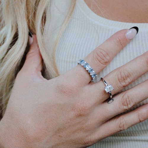 MSBLUE 6.6ct Lab Grown White Sapphire and Aquamarine Eternity Band, 14K White Gold Vermeil Wedding Ring, Rhodium Finish2