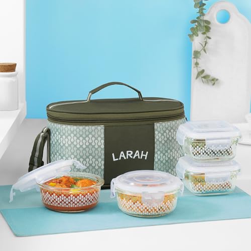 Image of Larah Glassware Gracia Green Borosilicate Glass Lunchbox with Bag | Microwave & Dishwasher Safe, Leakproof | Tiffin for Office, School, College (320ml x 2 + 400ml x 2)