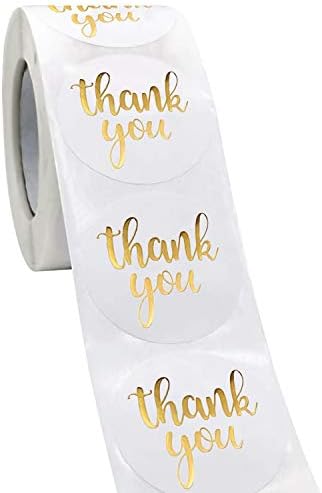 Thank You Label Sticker 1.5" Round, 500 Labels per Roll, Thank You Sticker for Birthday, Wedding, Gift, Bridal Shower Gold (White/Gold)