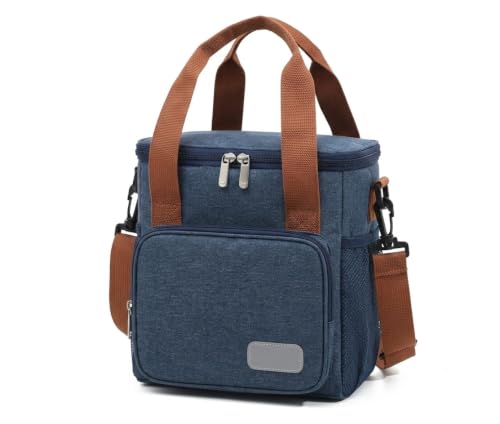 Bolsa térmica marmiteira azul de camada dupla com alças de mão e ombro ajustáveis, zíperes frontais e compartimento externo
