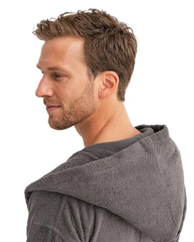 Twinzen Bademantel Herren 100% Baumwolle - Weich, Saugfähig, Aus Frottee, Oeko-Tex Zertifiziert - Dunkelgrau, Größe L