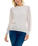 Zac & Rachel Womens Sweater Knit + Pleated Chiffon Blouse, Gardenia, L