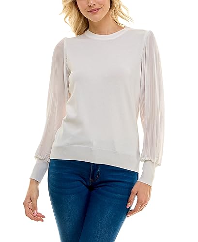 Zac & Rachel Women's Sweater Knit + Pleated Chiffon Blouse, Gardenia