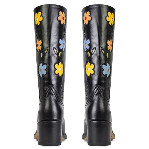 Women's Knee High Riding Boots with Flowers Square Toe Chunky Heel Motorcycle Boots3