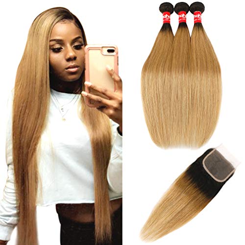 Haha Ombre Brazilian Virgin Hair Straight Ombre Hair 3 Bundles With Closure 2 Tone T1B/27 Dark Roots Honey Blonde Human Hair Bundles Weave With Lace Closure Ombre Hair Extensions 14 16 18+12