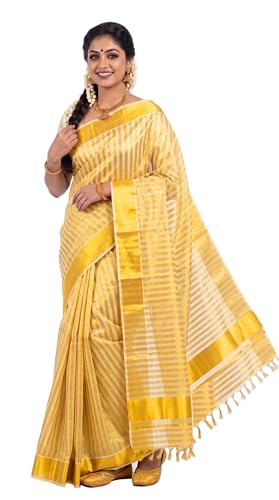 Image of Kerala Traditional Tissue Saree for Women with Running Blouse | South Indian Ethnic Saree for Weddings Onam Vishu Temple Wear & Festivals