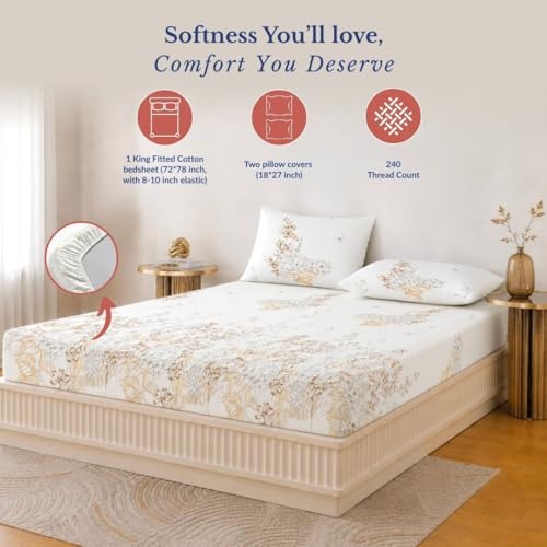 Image of Jaipur Weaves King Size Elastic Fitted Bedsheet, 100% Pure Cotton King Size Fitted Bedsheet for Double Bed with 2 Pillow Covers, 240 TC, 72x78 Inches up to 8-inch Mattress, Floral (Garden Brown)