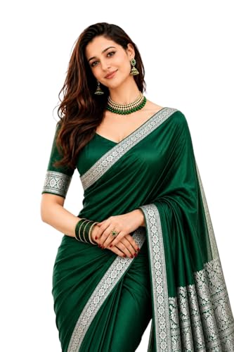 Image of Women's Glory Banarasi Satin Kanjivaram Saree Silver Zari Border Pure Soft Blend Silk Sari Kanchipuram Paithani Silk Party Wedding Festive New Ladies Sadi with Unstiched Blouse Piece. (Pink)