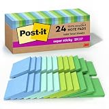 Post-it 100% Recycled Paper Super Sticky Notes, 3 in. x 3 in., 24 Pads, 70 Sheets per Pad, Oasis Collection, School Supplies and Office Products