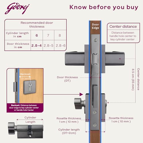 Image of Godrej Mortise Lock | Handle Lock Set for Main & Bedroom Door | HDH 07 Rossette Home Decor Handle | Matte Black Nickel Finish | 9 Inch Lockbody | 60 mm 1CK Cylinder - Knob from Inside and with 3 Keys