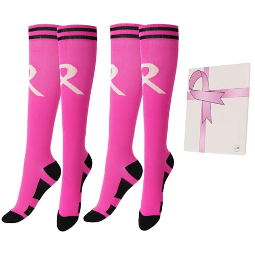 2 Pairs Breast Cancer Awareness Socks,Pink Ribbon Knee High Compression Socks for Softball Soccer Football Baseball