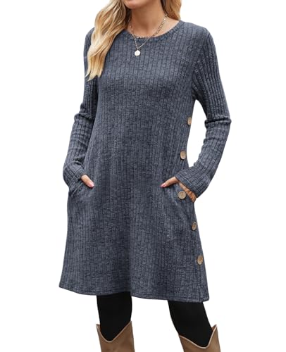Image of OFEEFAN Long Sleeve Dress for Women Crew Neck Fall and Winter Tunic Dress with Pockets