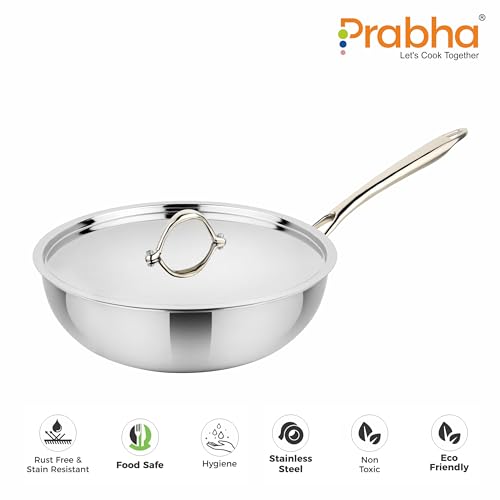 Image of Prabha Stainless Steel Prima Wok, Included Lid, Kadhai for Kitchen, 22cm, 2.2 L Capacity, Steel Wok with Stay Cool Handle, Induction and Gas Stove Compatible