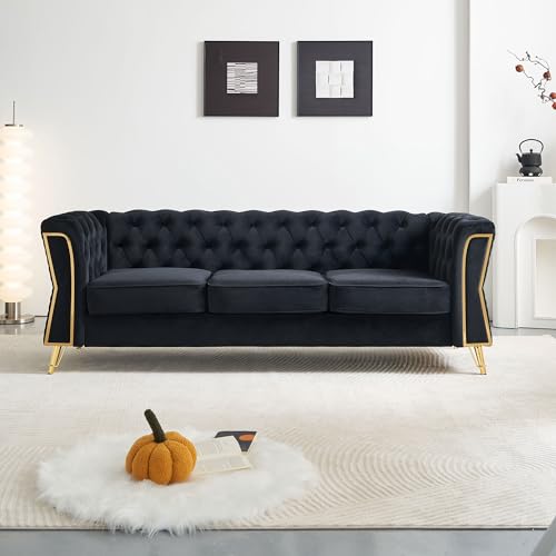Image of KEIKI 87 inch Chesterfield Velvet Button Tufted Sofa with High Density Foam Cushions, Modern Style 3-Seater Couch with Gold Strip Trim Decoration, Easy Assembly, for Apartment, Living Room, Office, Black