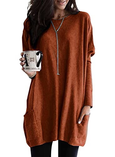 Asvivid Long Sleeve Long Tunic Tops For Women Crewneck Fall Shirts Casual Loose Flowy Pullover Pocket Maternity Blouses S Brown #TOP16