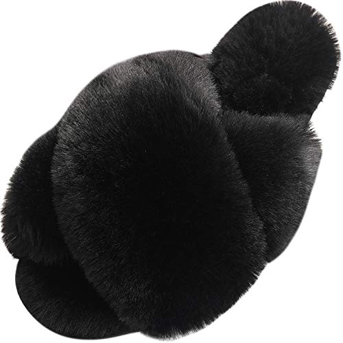 Slides for Women, Cross Band Plush Fleece Non Slip Memory Foam Fuzzy Slippers