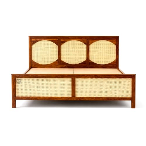 Image of SHRI MINTU'S ART Wooden Cane Bed with Rattan Panels | Solid Wood Platform with Arched Headboard and Footboard | Bedroom Furniture Bed Structure for Mattress Support (72x81) Inch King Size Bed (Brown)