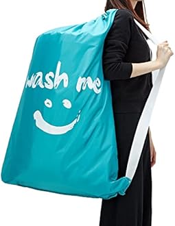 HOMEST 2 Pack XL Wash Me Travel Laundry Bag with Strap, Dirty Garments Organizer, Large Enough to Hold 4 Loads of Clothes, Easy Fit a Hamper or Clothing Basket, Azure and Blue