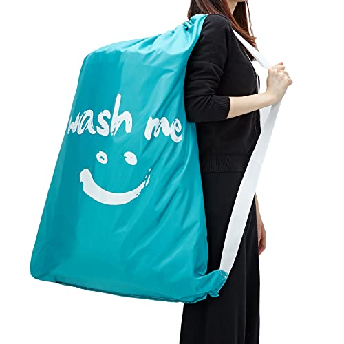 HOMEST 2 Pack XL Wash Me Travel Laundry Bag with Strap, Dirty Garments Organizer, Large Enough to Hold 4 Loads of Clothes, Easy Fit a Hamper or Clothing Basket, Azure and Blue