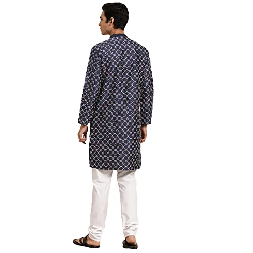Image of SOJANYA, Men's Silk Blend NavyBlue Kurta with Multi Color Embroidery and Off-White Pyjama
