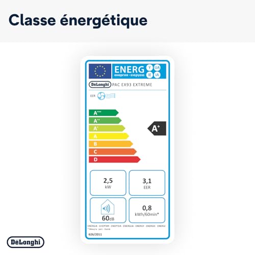 De'Longhi Pinguino PAC EX93 Climatiseur mobile, avec tuyau d'échappement, 60 dB(A), technologie Whisper - Très silencieux, pour pièces jusqu'à 85 m3, 3 vitesses de ventilation, fonction