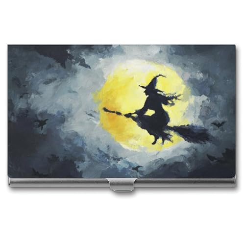 Witch Flying on Broomstick Moonlight Business Card Holder, Pocket Slim Portable Metal Business Card Case for Women Men