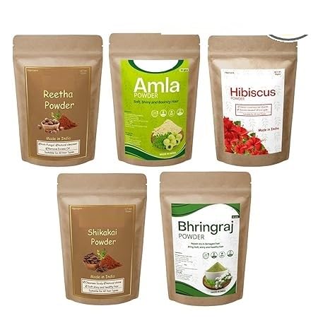 Amla Reetha Shikakai Bhringraj and Hibiscus Powder for Hair 50g each Total 250g Pack of 5