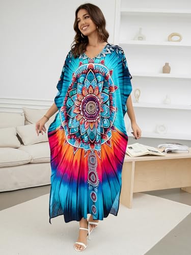 Image of IMAGEKOPE Women's Plus Size Loose Fit Moroccan Print V-Neck Batwing Kaftan Beach Dress Bathing Suit Cover Up