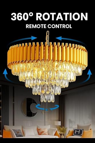 Image of Zingy Modern Crystal 4-Tier Gold Chandeliers, Remote Control and Moving Round, Colour Changing| Ceiling Light Fixture for Living Room Bedroom (Full Gold Remote, 500MM)