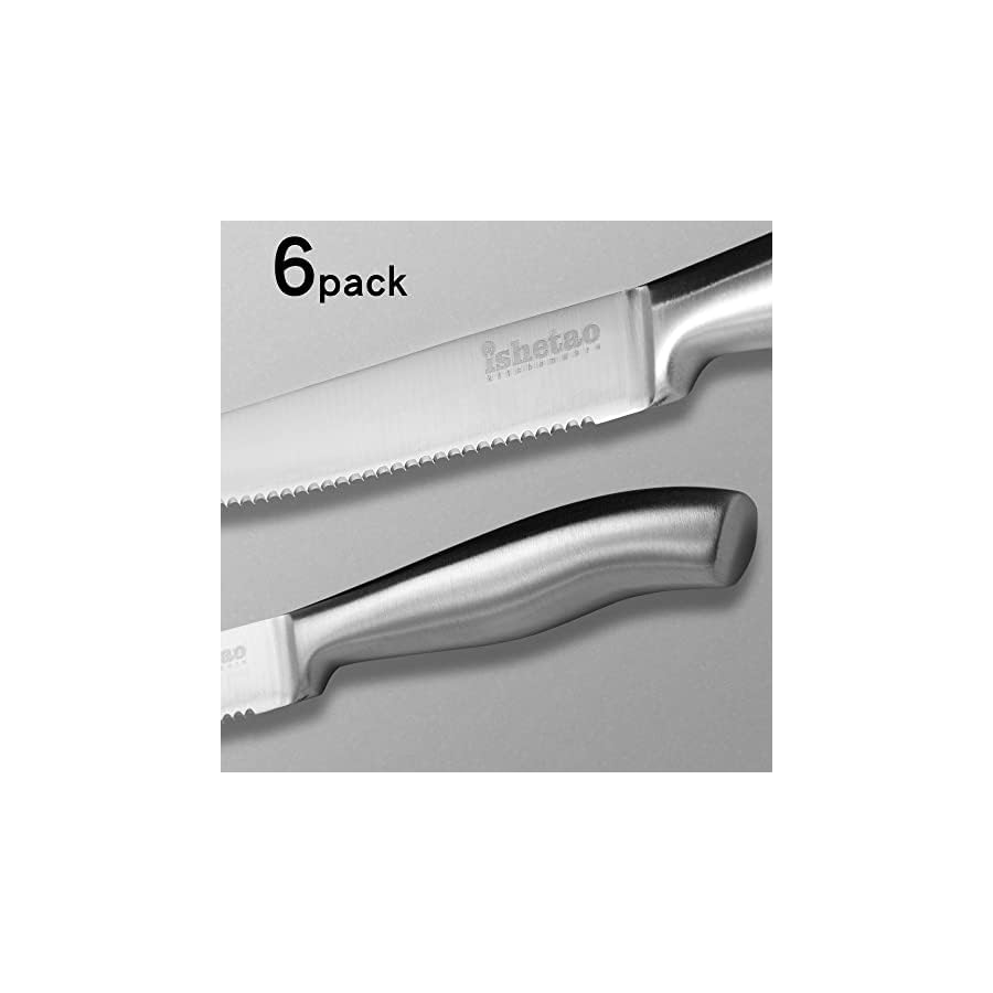 isheTao-Steak-Knife-Set-Dishwasher-Safe-Steak-Knives-6-Piece-Serrated-Knife-Set-Silver-Steak-Knives-Meat-Cutter-Knife-Set-Dinner-Knives isheTao Steak Knife Set of 6, 4.5 inches Dishwasher Safe High Carbon Stainless Steel Knives, Silver