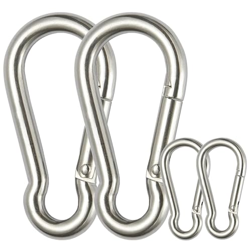 4 mosquetones de acero inoxidable de 80 x 8 mm, tamaño y 40 x 4 mm, mosquetones pequeños, con cierre de presión para hamaca, toldo, pesca, senderismo