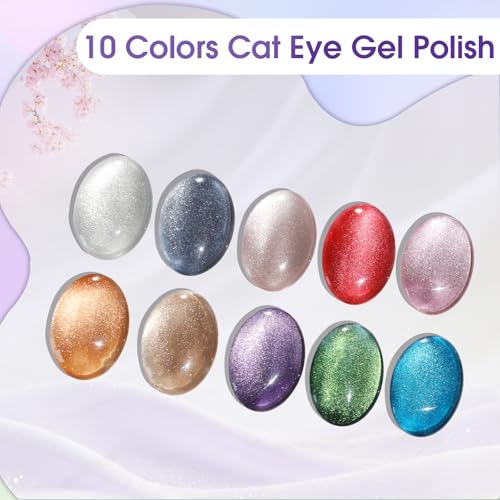 ROSALIND Esmaltes Semipermanentes Ojo de Gato, 10 Colores Plata Violeta Rojo Azul Verde Pintauñas Semipermanentes Cat Eye Gel Magnético con Imán, Soak Off UV/LED Esmalte de Uñas Magnetico Regalo - imagen 2