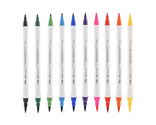 Image of Dual-Tip Markers, Fine & Brush Tips, Set of 10, Vivid Colors, Vibrant, For Journaling, Coloring, Artists, Home or Classroom Use, Non-Toxic