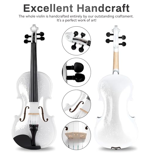 Image of Poseidon Violin for Beginner, Glossy White Violin Set with Acoustic Violin Fiddle for Students Violin Starter Kit /Hard Case, Bow, Rosin, Horse Bridge, Extra Strings, Shoulder Rest, Tuner, Manual