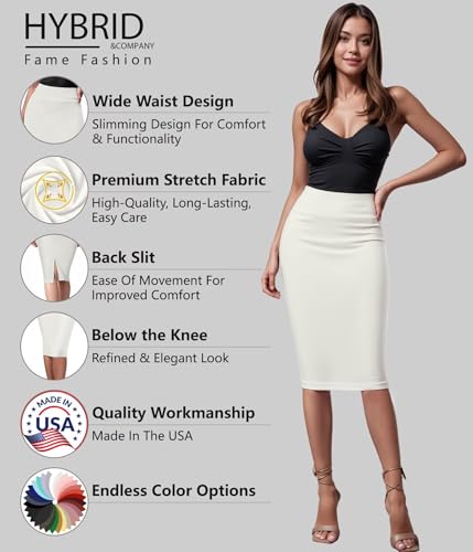 Image of Hybrid & Company Women's Premium Nylon Ponte Stretch High Waist Pencil Suit Skirt Below Knee