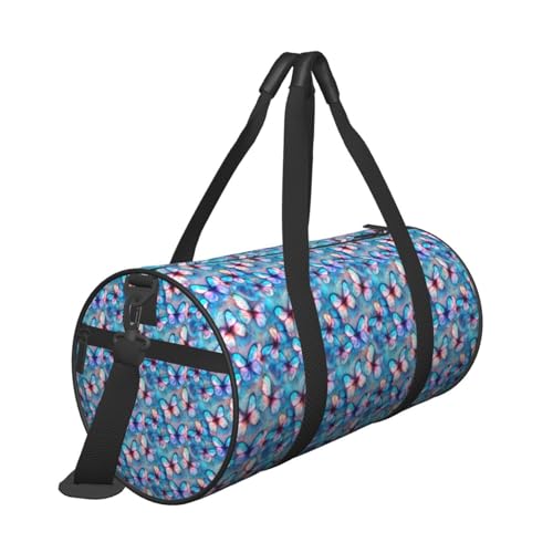 Blue and Pink Butterfly Travel Duffel Bag Shoes Compartment Foldable Lightweight Yoga Gym Sports Bag3