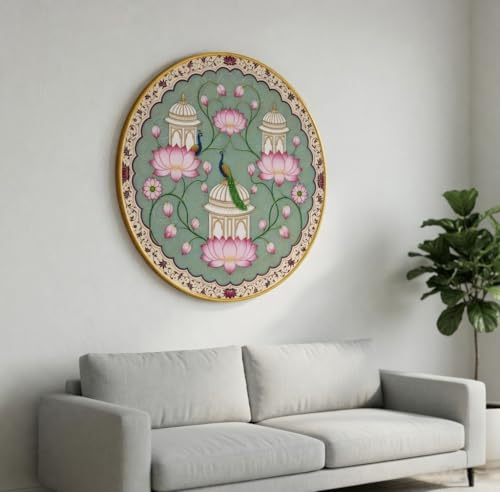 Image of SAF Lotus Peacock Mandala Wall Painting Round PVC Golden Frame Floral Temple Art Traditional Indian Decor Elegant Wall Art for Living Room Bedroom Office Home (16 x 16 Inch) GRM-412